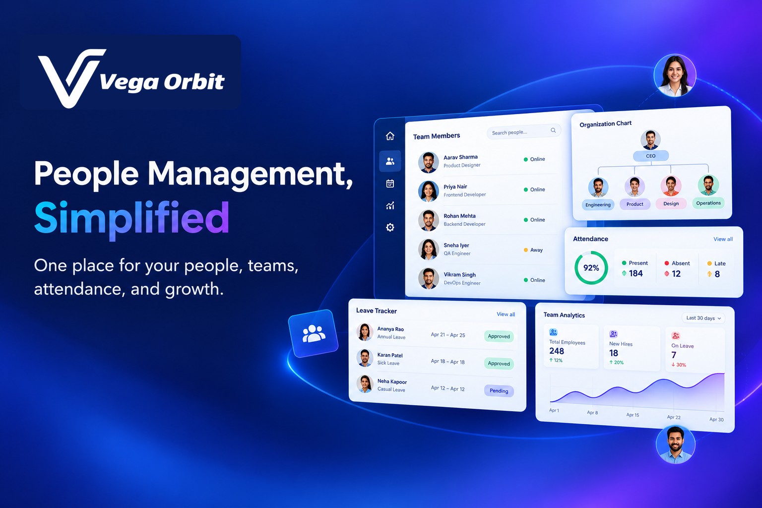 Employee management software dashboard for managing employee records, attendance, and HR workflows with VegaOrbit People.