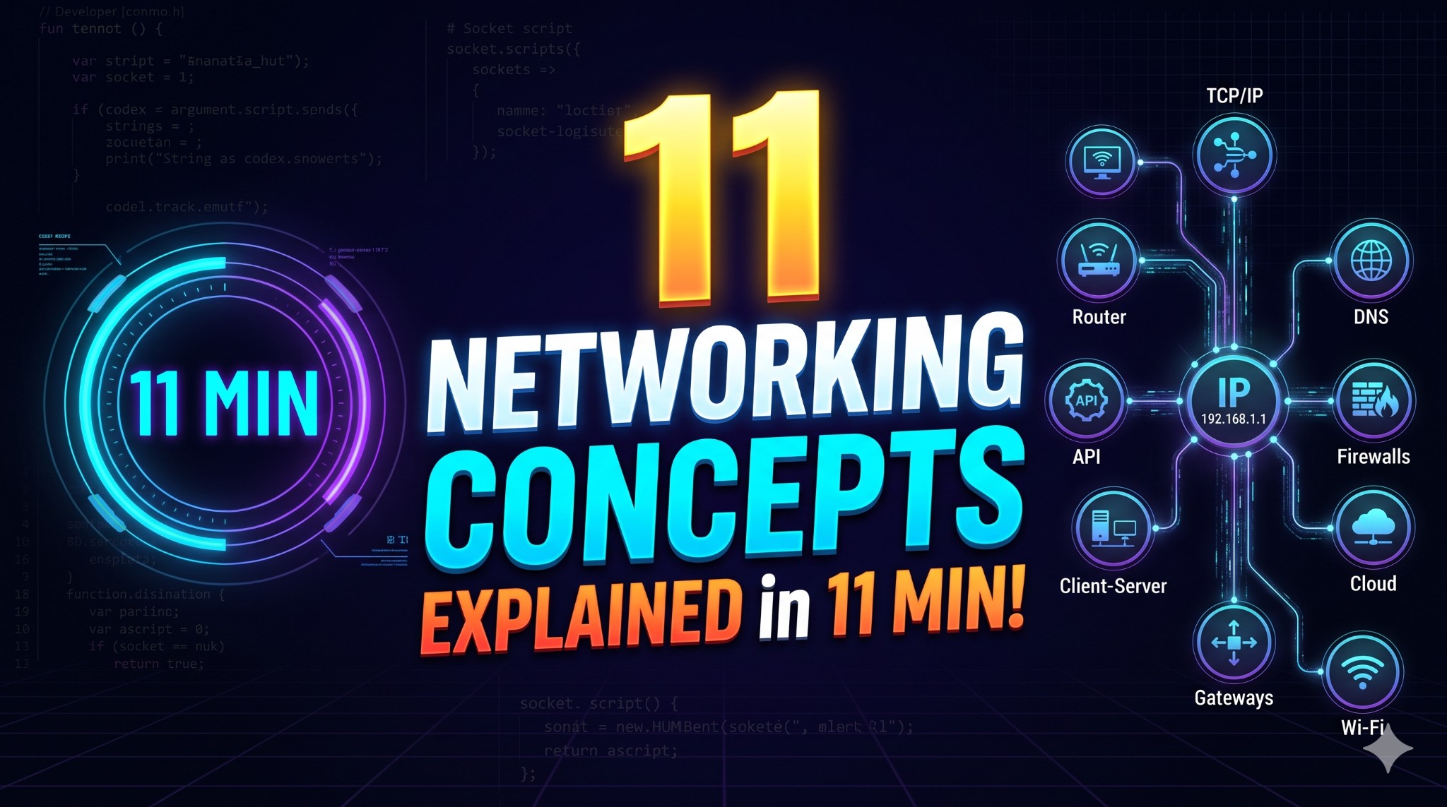 Networking fundamentals explained in 11 minutes, covering TCP/IP, IP addresses, DNS, routers, firewalls, cloud networking, and Wi-Fi.