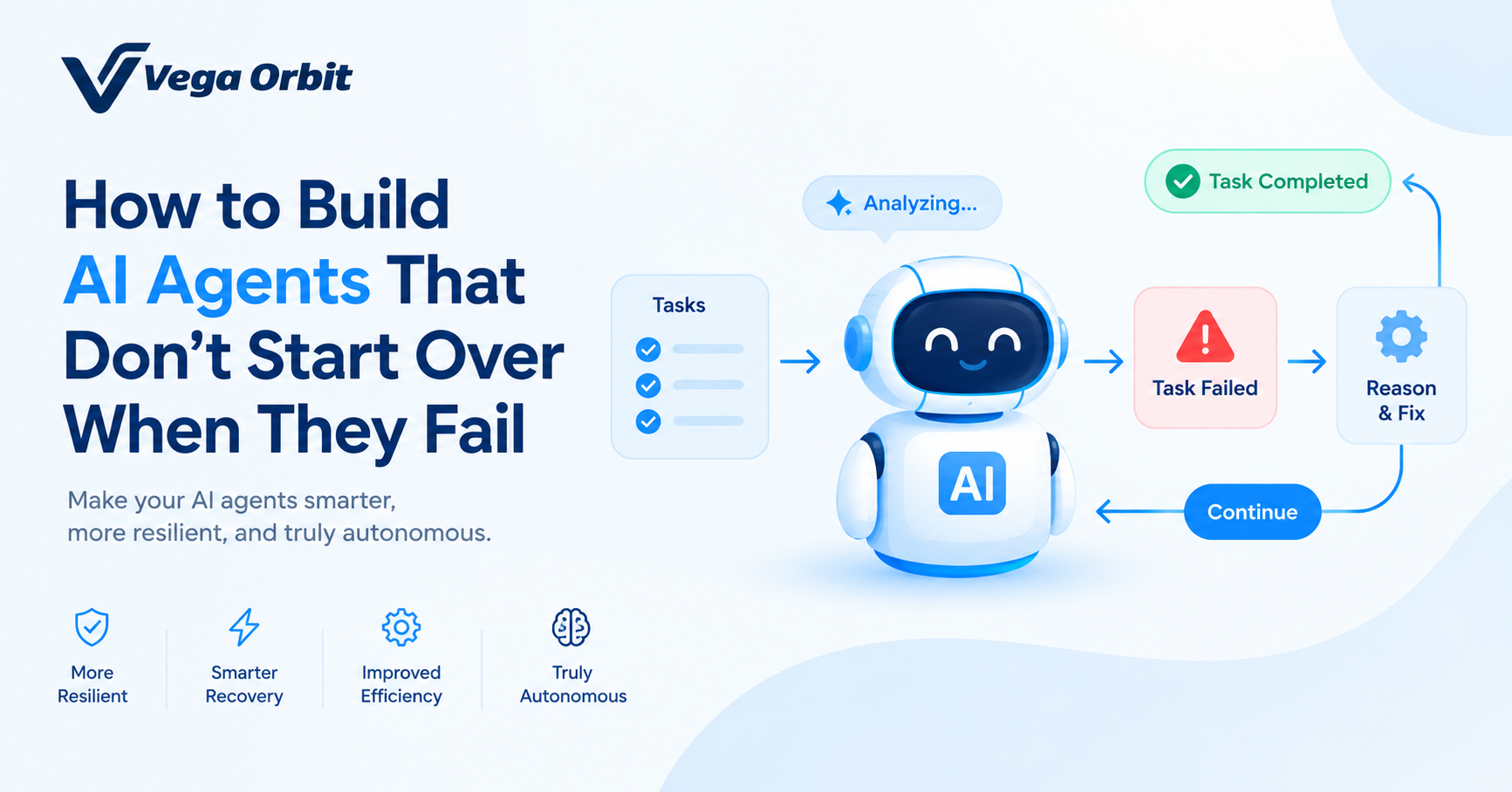 VegaOrbit blog banner illustrating an AI agent recovering from task failures, reasoning through errors, and resuming workflows until completion.