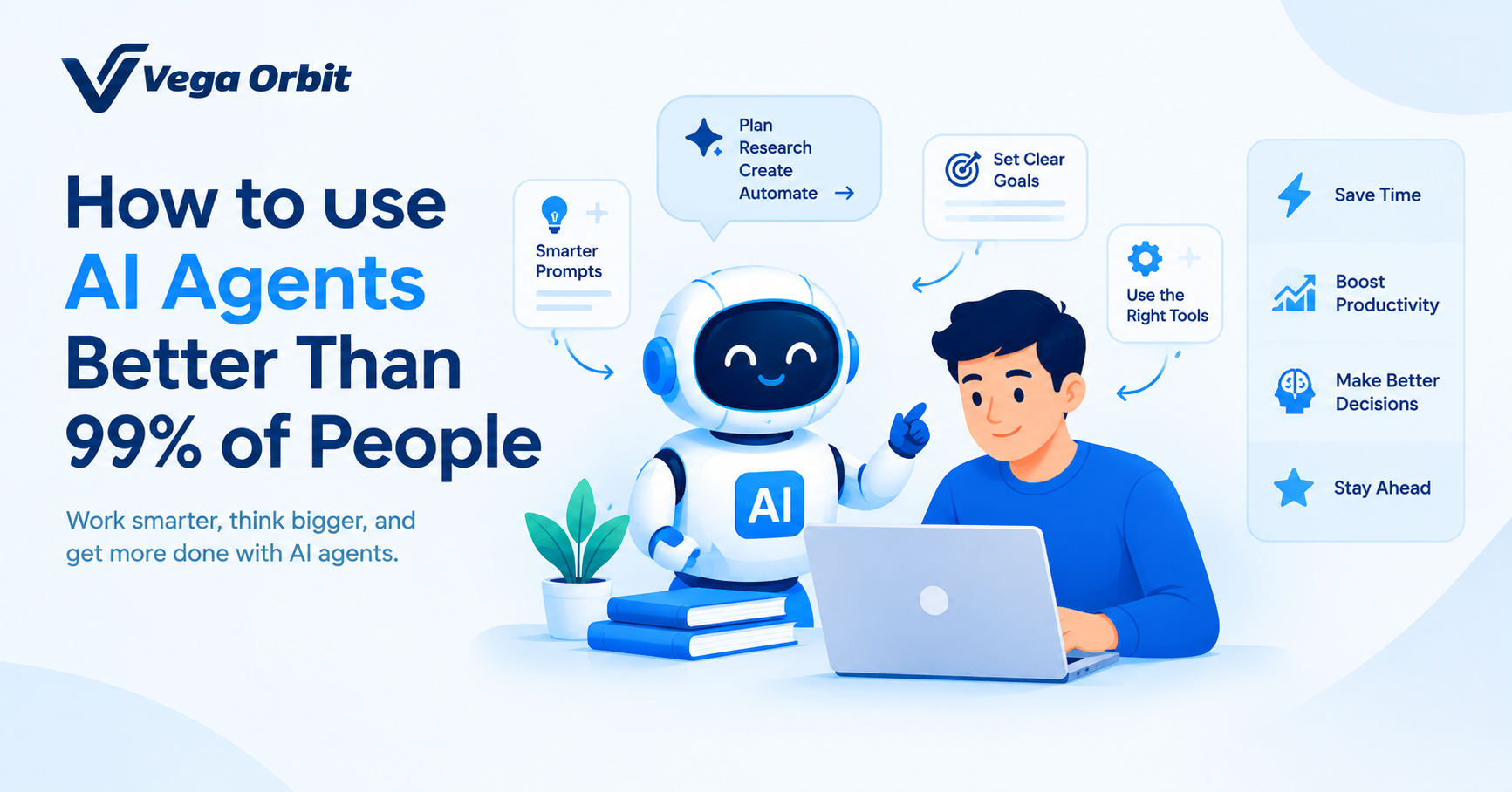 VegaOrbit banner showing a person working with an AI robot, illustrating smarter prompting, task automation, and improved productivity with AI agents.